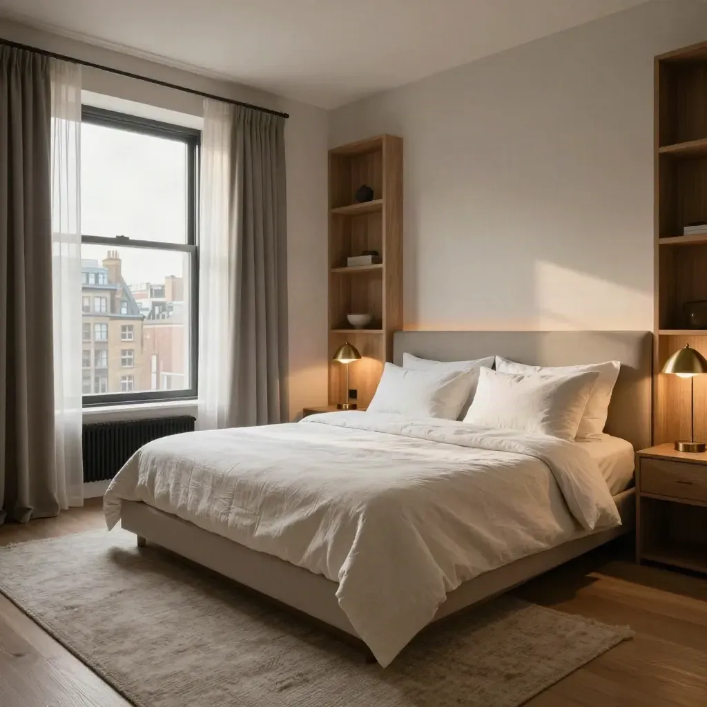 Luxury bedroom suite with linen bed, built-in joinery, brass lamps, and city view.