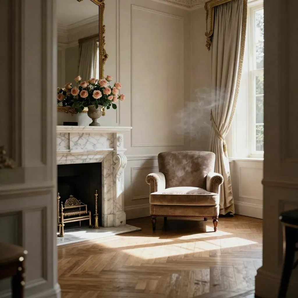 Elegant townhouse drawing room with marble fireplace, velvet chair, roses and sunlit parquet.