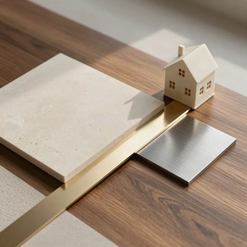 Top-down valuation palette with limestone, oak, metal and a small house model