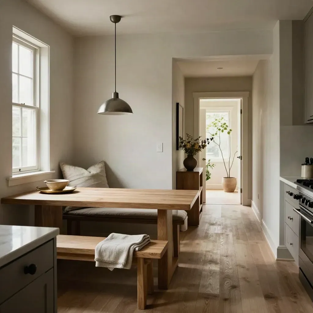 Empty Richmond rental-ready kitchen nook with staged glasses, throws, key bowl, and bright hallway.