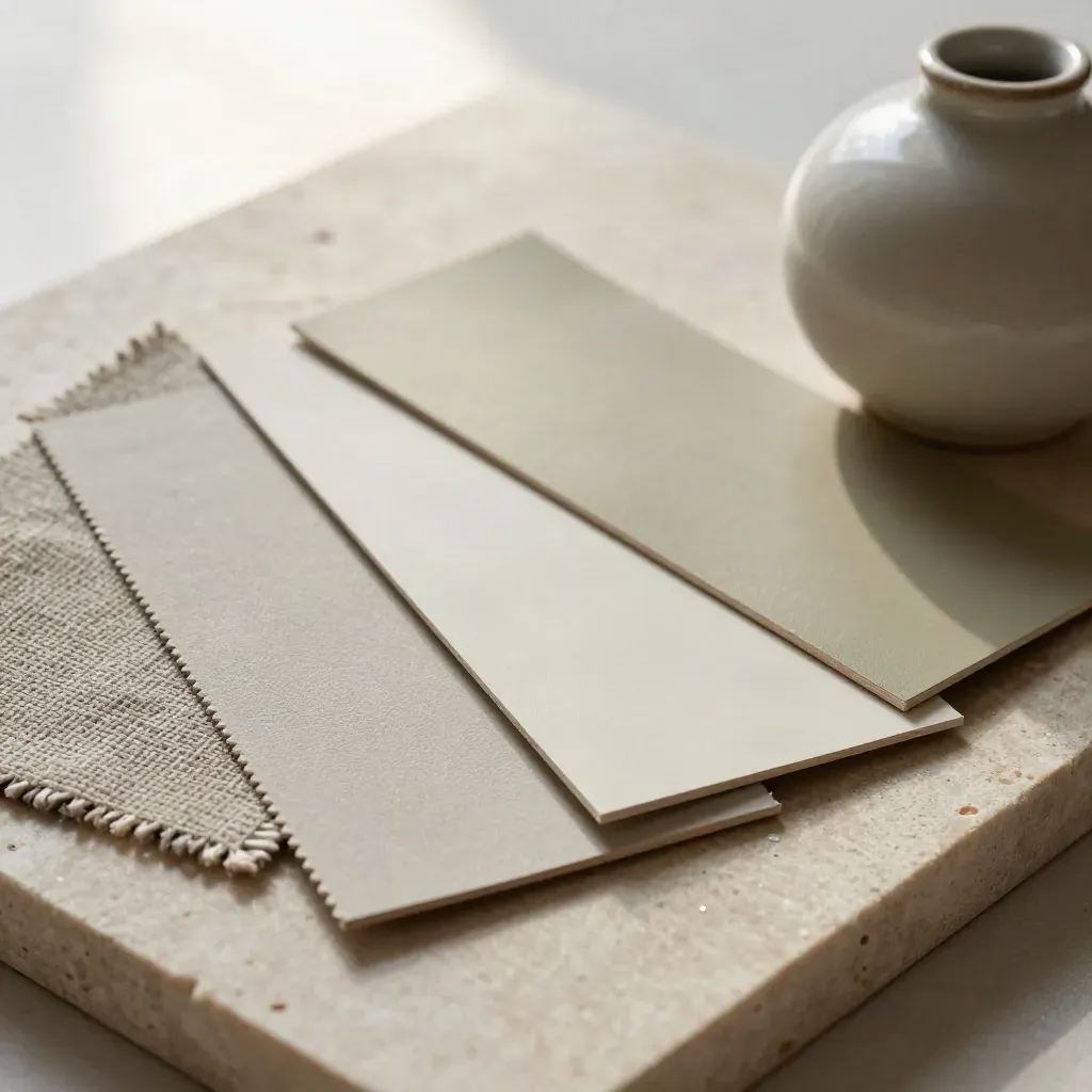 Paint swatches, textile samples and a ceramic bud vase on pale stone, lit by soft daylight.
