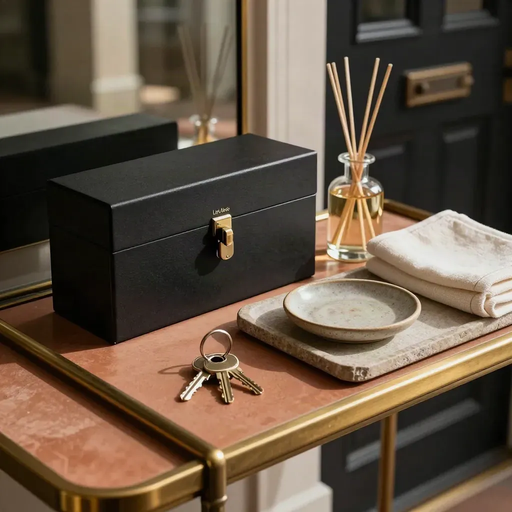 Lockbox, duplicate keys, reed diffuser and welcome tray on a brass-edged console by a front door.