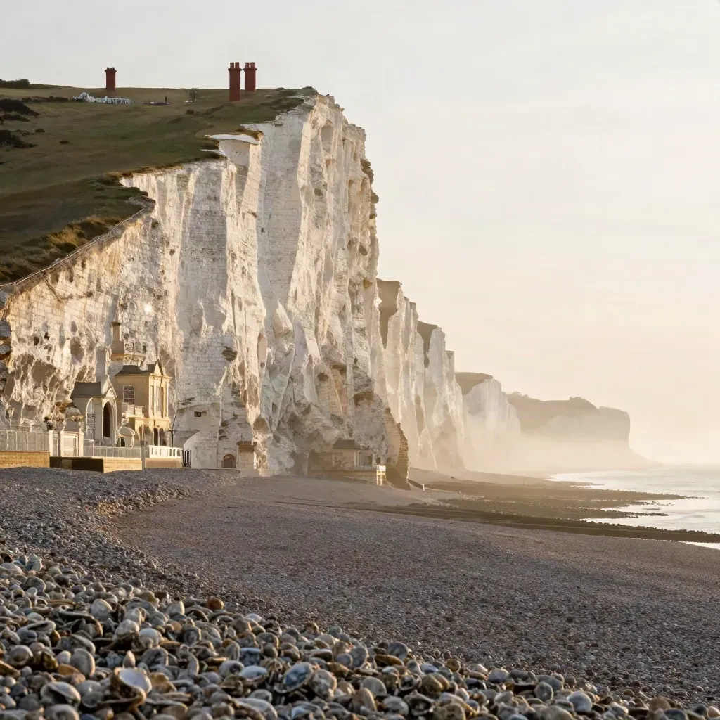 Hazy Brighton cliffs and Regency rooftops above a calm shingle shoreline at golden hour.